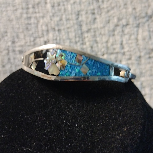 Sterling silver bracelet with onyx turquoise Abalone Mexico clasp closure - Picture 5 of 6